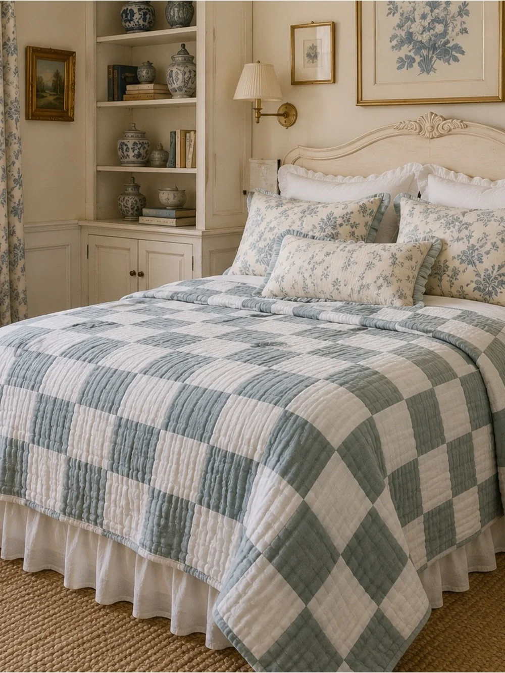 Check Cotton Quilt in Light Teal Blue + White Size Queen NEW WITH TAGS 80x90